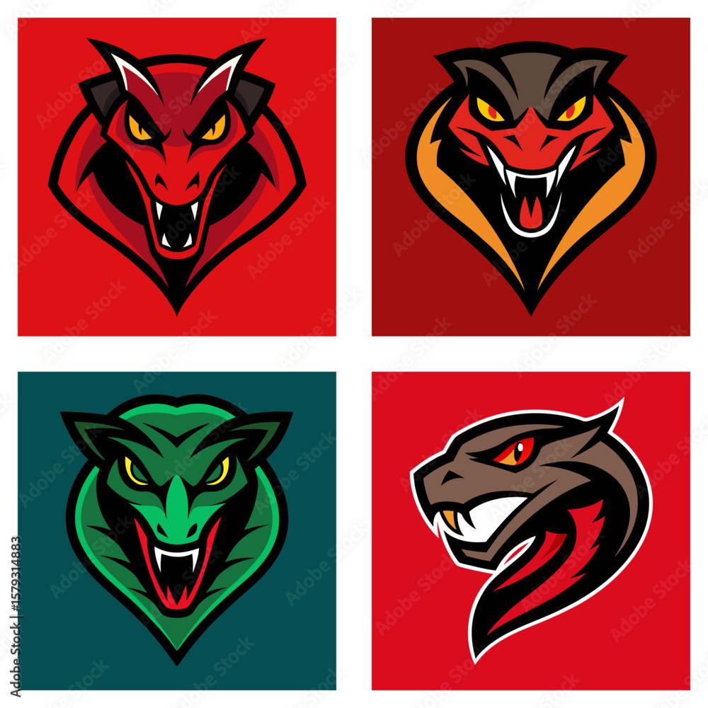 Poster collection of four stylized snake head logos with different color schemes and aggressive expressions