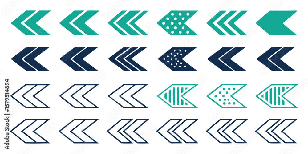 Poster set of stylized left arrow vector icons. modern geometric navigation graphic elements in teal and bl