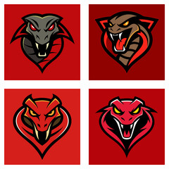 Four square designs featuring cobra heads in various colors on a red background design layout