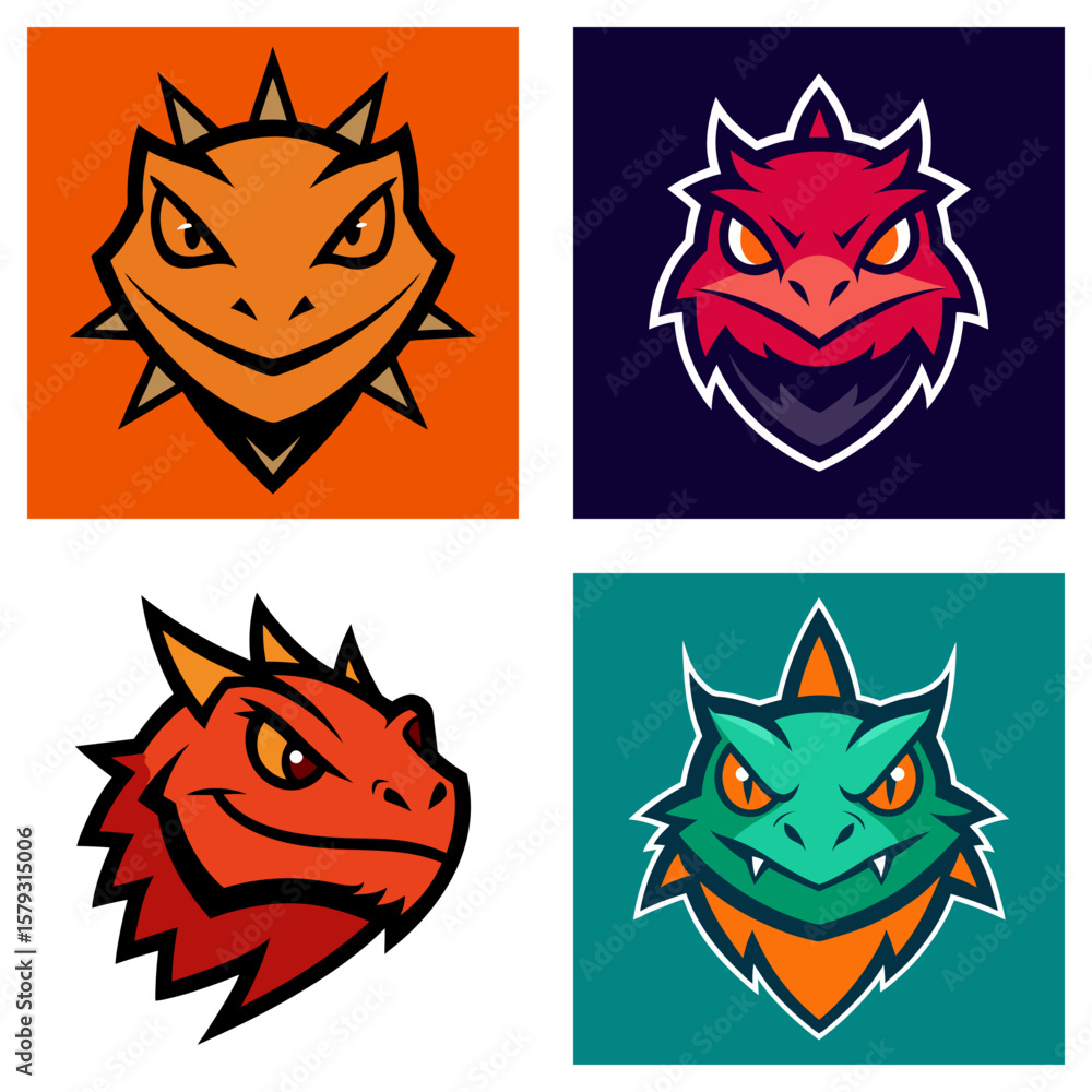 Poster four stylized lizard heads in different colors and designs arranged in a square format image layout
