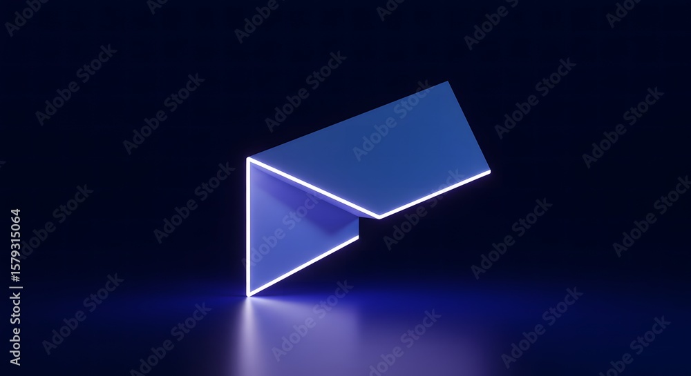 Poster abstract blue geometric shape illuminated by neon light on dark reflective surface creating futurist