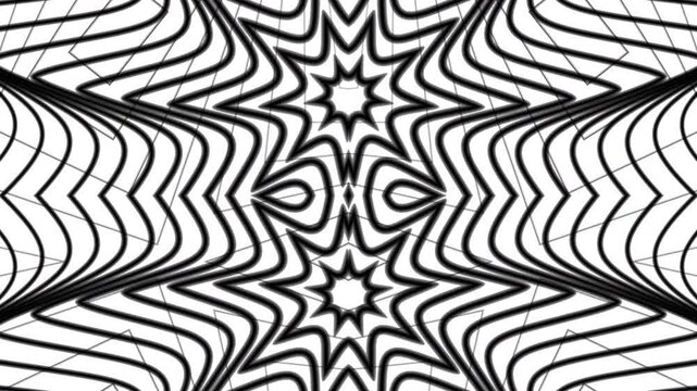 Black and white abstract optical illusion pattern with starburst shapes and wavy lines. Perfect for backgrounds, posters, or psychedelic art themes.