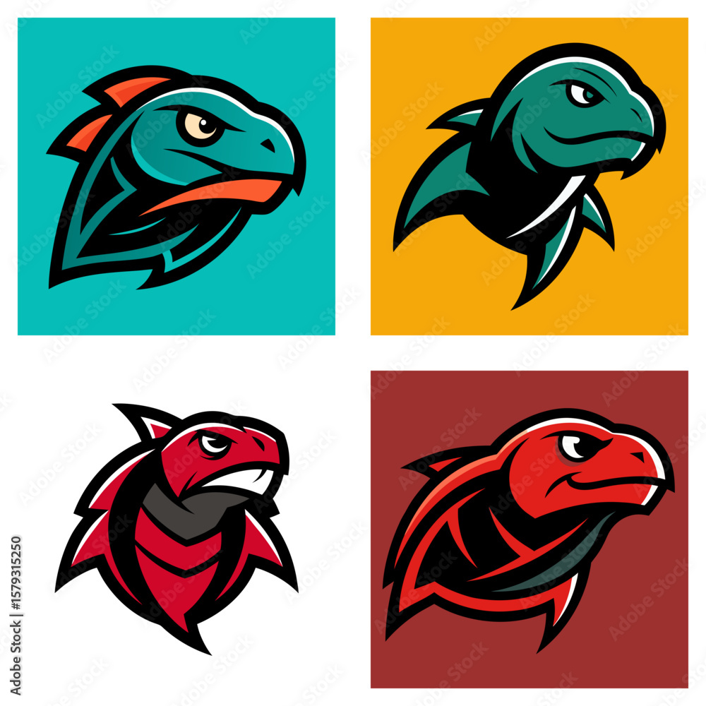 Aufkleber four square images showing stylized lizard head logos in different color variations and backgrounds