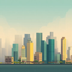 Obraz premium Low angle view of tall modern buildings in City during daylight hours, casting long shadows over the water of the harbor in the afternoon cityscape, city, building, urban, skyline, architecture, moder