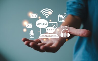 Obraz premium Hand Displaying a Digital Network Interface, a conceptual Illustration of Connection and Communication in the Digital Age