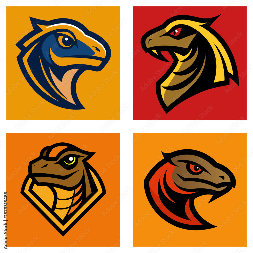 Poster four square panels displaying stylized reptile heads in various color schemes and designs, vivid and