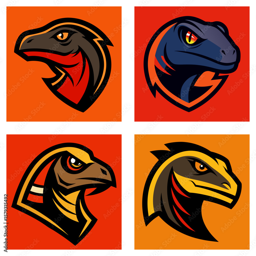 Poster four square dinosaur head logos with different color schemes on an orange background design style