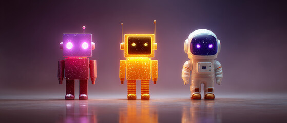 Robots and astronaut stand in a row with luminous eyes, a pink robot, a golden robot with antennas, and an astronaut suit in a dimly lit setting robot, astronaut, space, technology, future, toy, artif