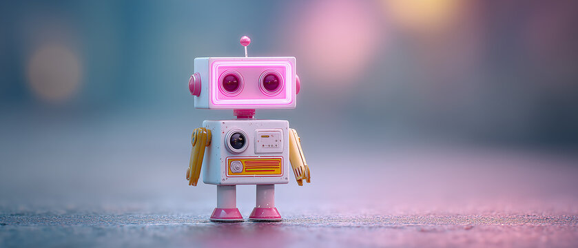 Cute little retro robot standing on a surface during the day; pink accents highlight the design of this small artificial intelligence robot, toy, artificial, intelligence, automation, technology, retr