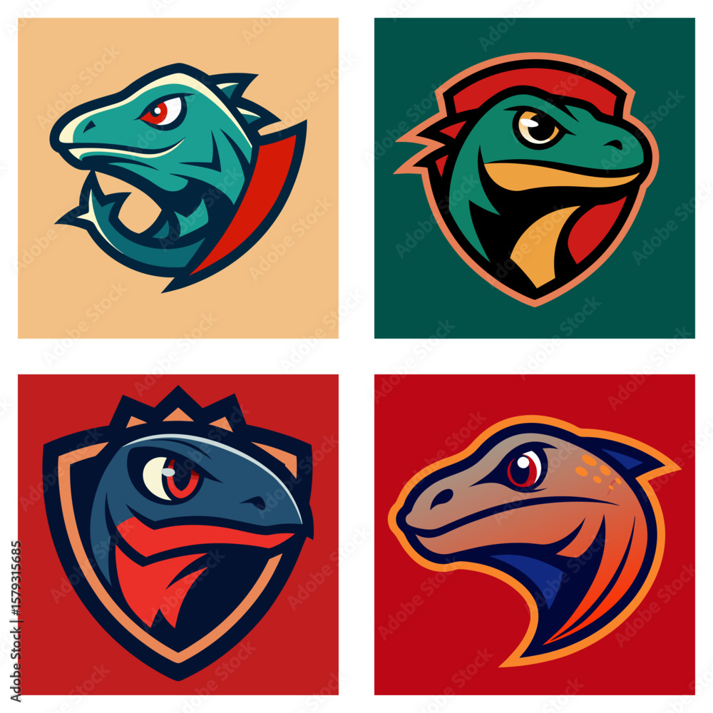 Poster four stylized lizard head logos with vibrant colors and dynamic shield backgrounds in a square layou