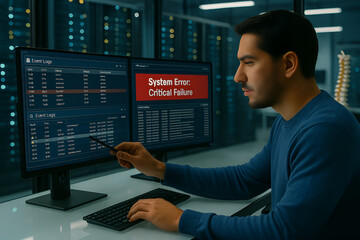 System administrator troubleshooting server error critical failure on computer screens