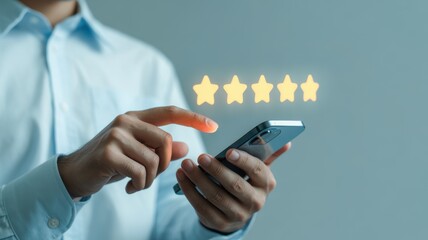 Fototapeta premium Customer Feedback Person Interacting with Five Star Rating System on Mobile Phone for Online Review