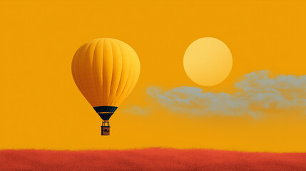 Yellow hot air balloon floats into an orange sky near the Sun over a red field at daytime balloon, aerostat, air, sports, travel, adventure, sky, sun, clouds, orange, yellow, red, field, daytime, sunr