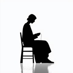 Silhouette of thoughtful woman knitting on wooden chair against a white background with reflection during the daytime silhouette, woman, knitting, knit, yarn, chair, wooden, white, background, reflect