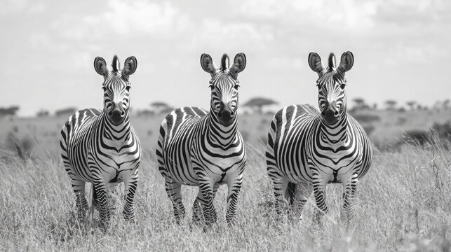 Fototapeta Three zebras on high alert, black and white photo, Tanzania.
