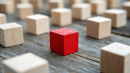 “One standout wooden cube painted red among plain ones—symbol of leadership and uniqueness”
