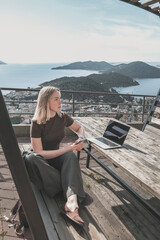 Remote Work,digital nomad enjoys remote work with a laptop in a scenic mountain setting.freedom of...