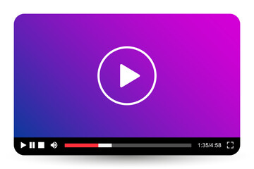 Fototapeta na wymiar Multimedia video player with play button, video streaming frame on internet, play video window with navigation icons, modern social media video player interface template for web and mobile apps