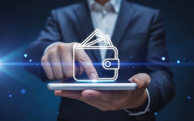 Digital Wallet Transaction Businessman Touching Mobile for Online Banking