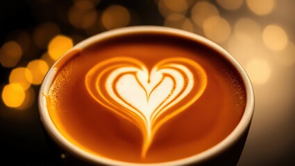 A close up shot of a coffee cup with a heart shaped design in the foam on a blurred background