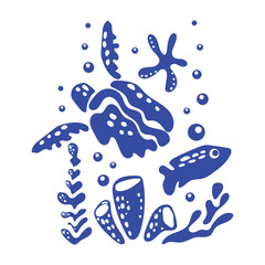 Naklejka premium Blue silhouettes of sea inhabitants and algae with bubbles under water in simple style. Underwater world. Monochrome picture stamp with sea fish and jellyfish. Vector for stickers, textiles, postcards