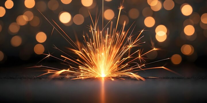 Bright sparkler emits fiery sparks against a bokeh background