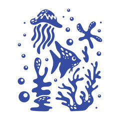 Naklejka premium Blue silhouettes of sea inhabitants and algae with bubbles under water in simple style. Underwater world. Monochrome picture stamp with sea fish and jellyfish. Vector for stickers, textiles, postcards