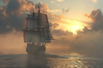 A majestic old-fashioned caravel ship with full sails gliding across a misty ocean at sunrise. The golden sunlight pierces through dramatic clouds, reflecting beautifully on the calm water surface. Sy