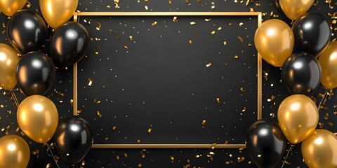 Elegant black and gold balloons with confetti frame for celebrations