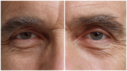 Senior man showing blepharoplasty effect on eyelids: before and after