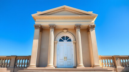 Fototapeta premium Classical architectural doorway with elegant columns under a clear blue sky, embodying timeless sophistication.