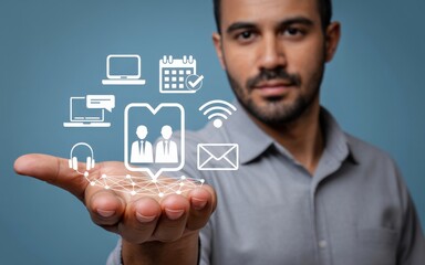 Empowering Connectivity Man Presenting Digital Interface for Communication and Technology Access on Blue Backdrop.