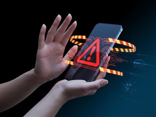 Human hands holding smartphone with digital warning alert and cybersecurity threats image