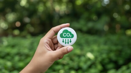 Reducing Carbon Footprint A Hand Holding a CO2 Cloud Symbol Against a Natural Green Background