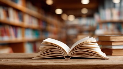 Open book lying on wooden table in blurred library background