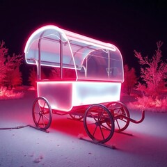 A surreal infrared photograph of a glowing bioluminescent cart, exhibiting an otherworldly appearance using natural light effects and vibrant glow within the infrared spectrum