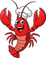 Cartoon lobster wearing a chef's hat, cheerful expression, and outstretched claws.