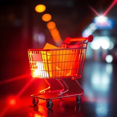 A warm shopping cart glowing with reds, oranges, and yellows, accentuated by bright lens flare and light streaks in a vibrant color palette.