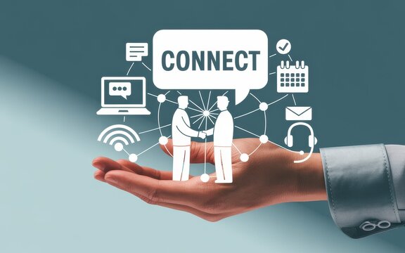 Hand holding digital connection icons symbolizing networking and communication in business