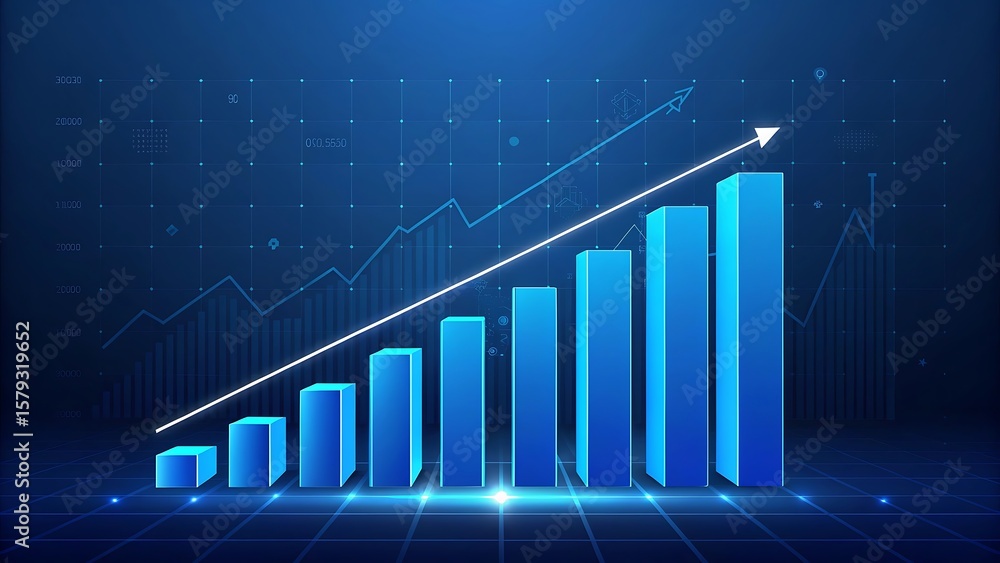 Poster digital blue bar graph and line chart showing upward trend and growth with arrow indicating progress