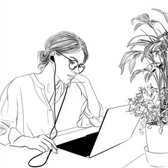 Woman with glasses and earphones using a laptop in a home office surrounded by plants, working remotely or attending an online class in a black and white illustration woman, laptop, desk, home, office