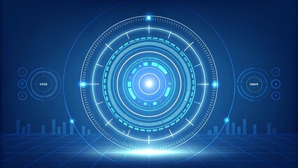 Futuristic blue digital interface with glowing concentric circles and data visualizations on a grid background