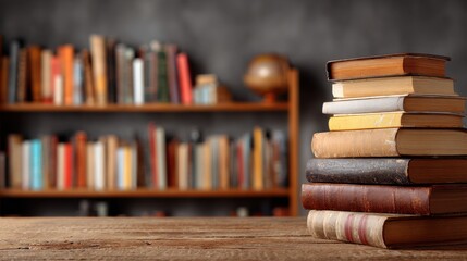 Stack of old books sitting on a wooden table in a library