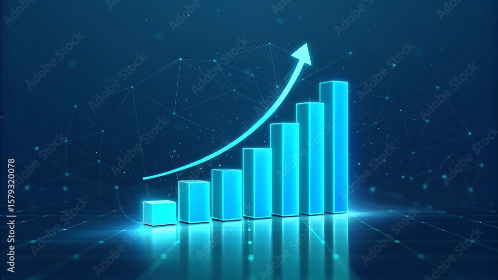 Poster glowing blue bar graph with upward arrow and network connections symbolizing financial growth and da