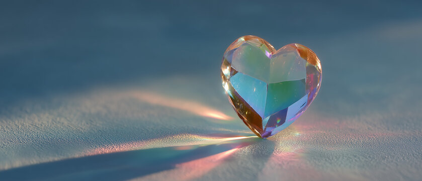 Iridescent heart-shaped crystal refracts light across textured surface, casting colorful rainbows, reflecting peace, love, and magic on a light blue background Generative AI - Powered by Adobe
