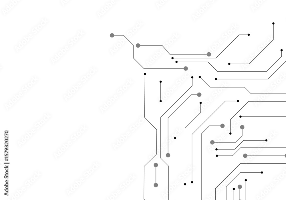 Poster digital circuit lines with dots on a white background, clean and minimalistic style, representing te