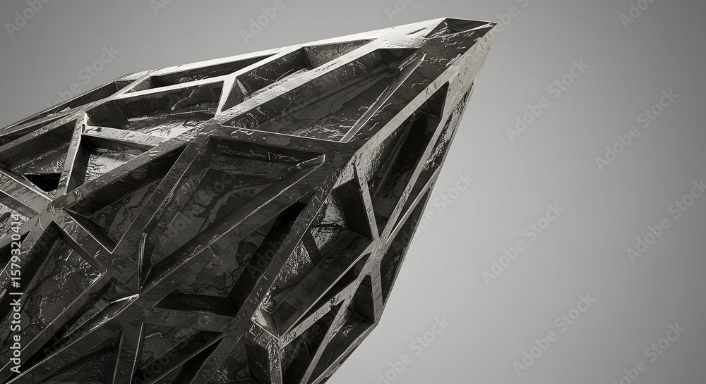 Poster futuristic abstract geometric structure with metallic texture and sharp edges on a light gray backgr