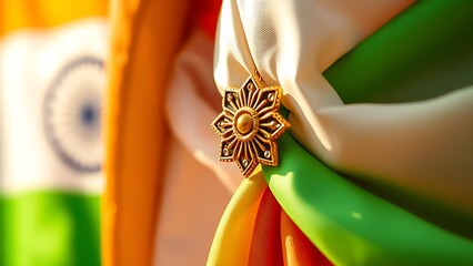 Red star military badge with golden wheat wreath on olive green background