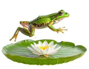 Fototapeta premium Green Frog Mid-Air Leap Above Lily Pad – Side View PNG Cutout