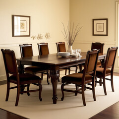 Dining room interior with wooden chairs and table

